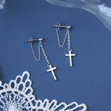 Full 925 Sterling Silver Cross Chain Tassel Hoop Earrings - Image 5
