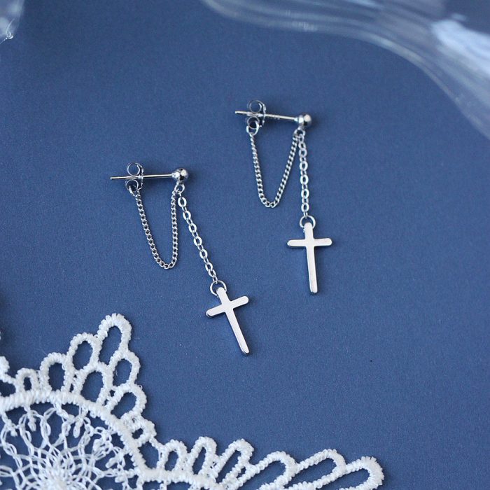 Full 925 Sterling Silver Cross Chain Tassel Hoop Earrings - Image 5