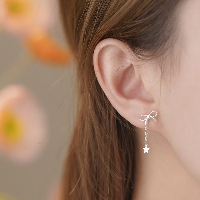 925 Sterling Silver Bow Five Point Star Stud Earrings - Image 5