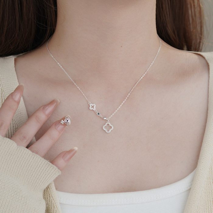 925 Sterling Silver Fresh Hollow Four Leaf Flower Necklace - Image 4