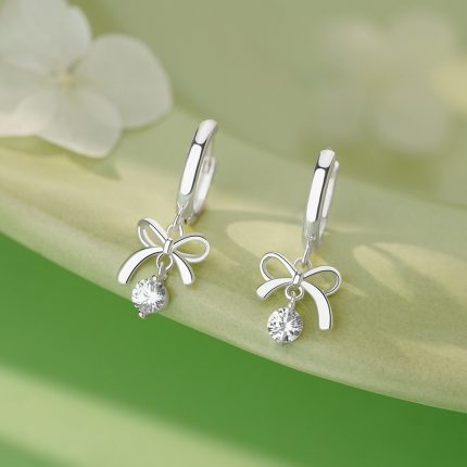 925 Sterling Silver Needle Bow CZ Hoop Earrings - Image 3