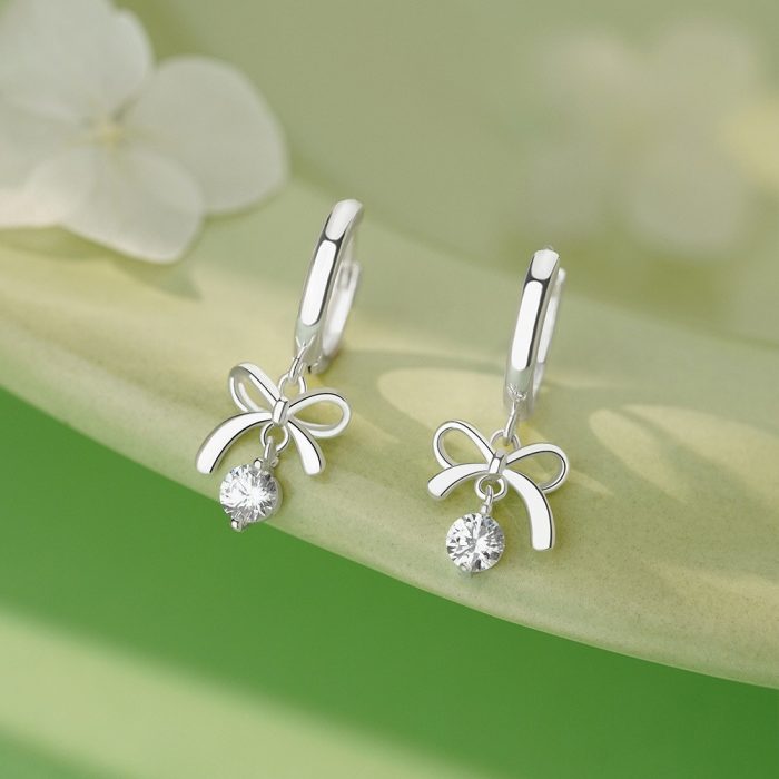 925 Sterling Silver Needle Bow CZ Hoop Earrings - Image 3