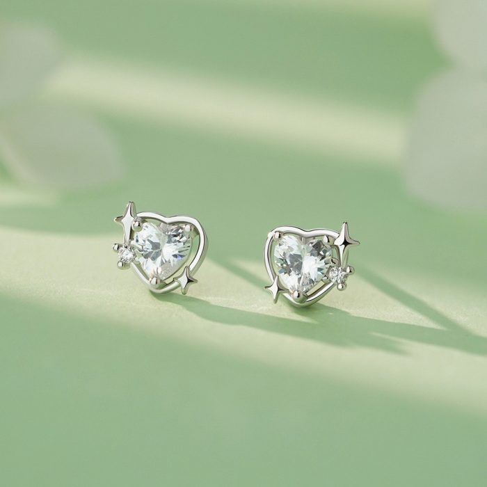 999 Fine Silver Needle Minimalist Gentle Heart CZ Stud Earrings - Image 4