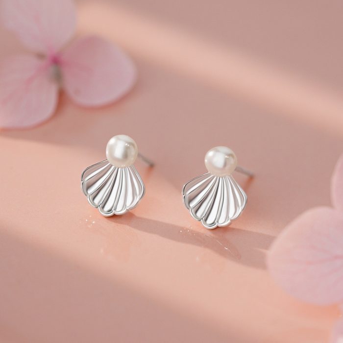 925 Sterling Silver Sweet Pearl Shell Stud Earrings - Image 5