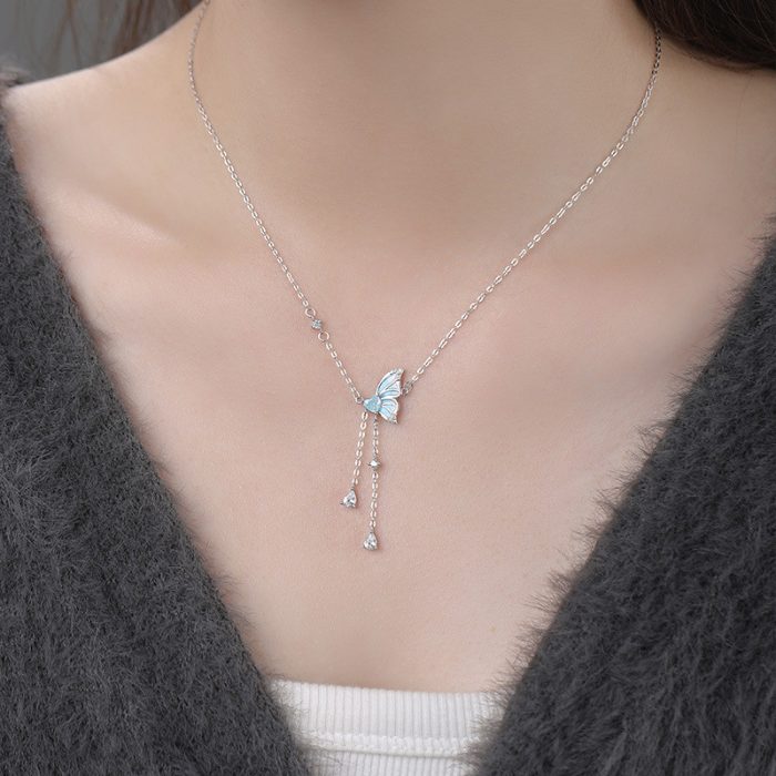 999 Fine Silver Glow-in-the-Dark Butterfly Heart Tassel Necklace - Image 2