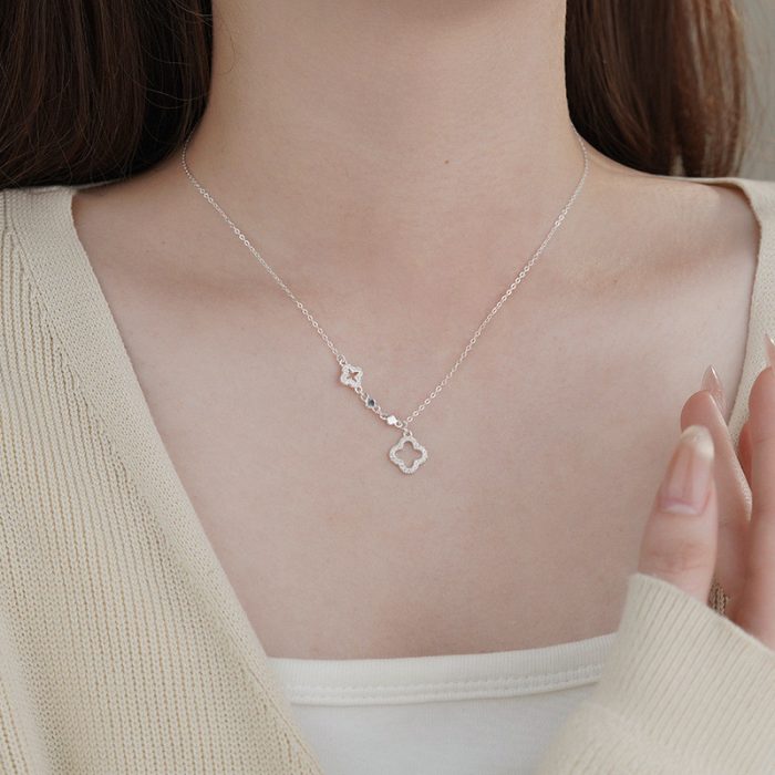 925 Sterling Silver Fresh Hollow Four Leaf Flower Necklace - Image 3
