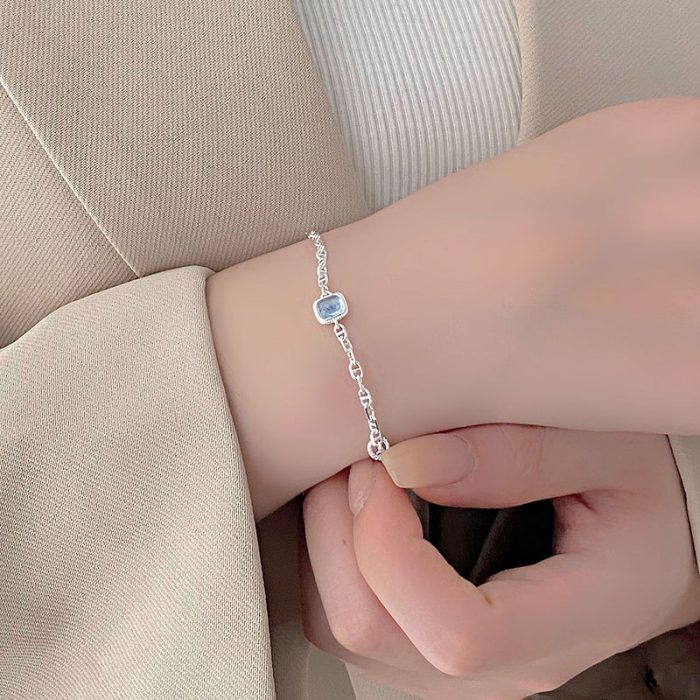 925 Sterling Silver Cushion Aquamarine Bracelet - Image 2