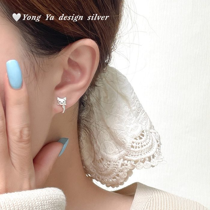 999 Fine Silver Korean Style Cat Enamel Back Hanging Earrings - Image 5