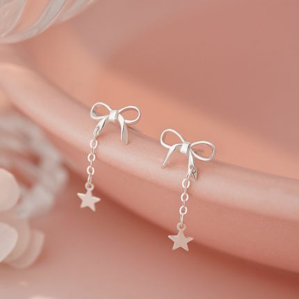 925 Sterling Silver Bow Five Point Star Stud Earrings - Image 4
