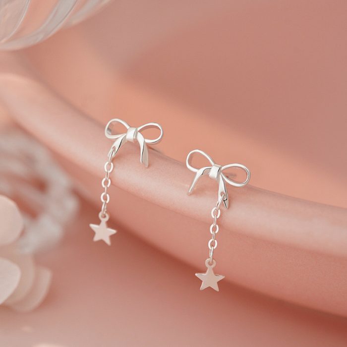 925 Sterling Silver Bow Five Point Star Stud Earrings - Image 4