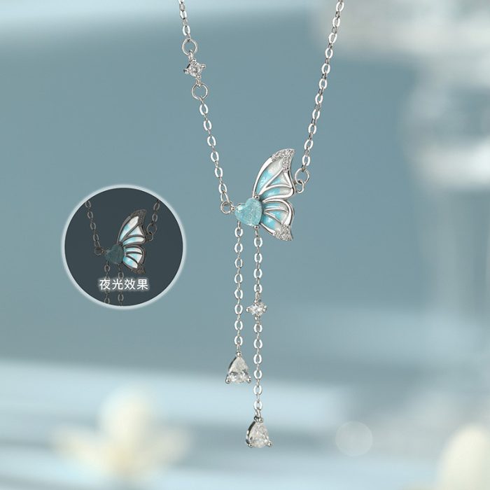 999 Fine Silver Glow-in-the-Dark Butterfly Heart Tassel Necklace - Image 5