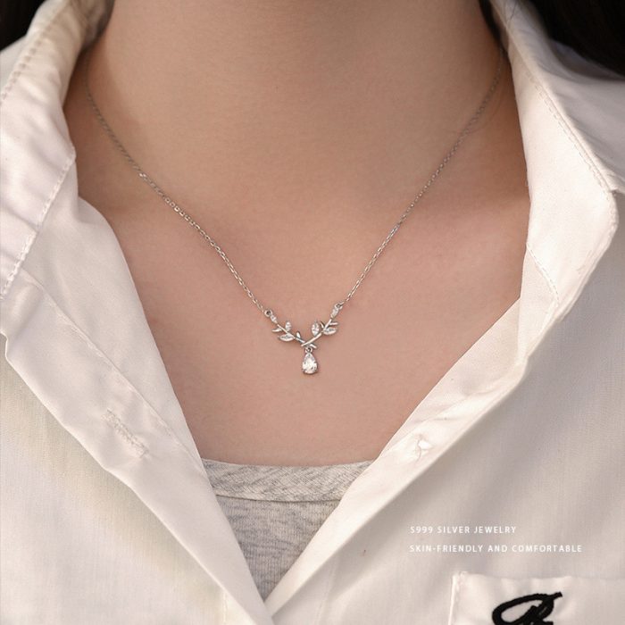 999 Fine Silver Light Luxury Elegant Laurel Goddess Leaf Teardrop Zircon Necklace - Image 2