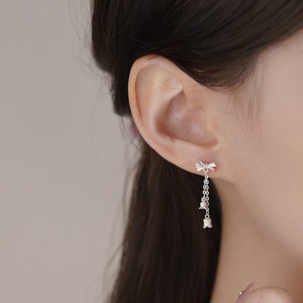 999 Fine Silver Bow Lily of the Valley Tassel Stud Earrings - Image 4