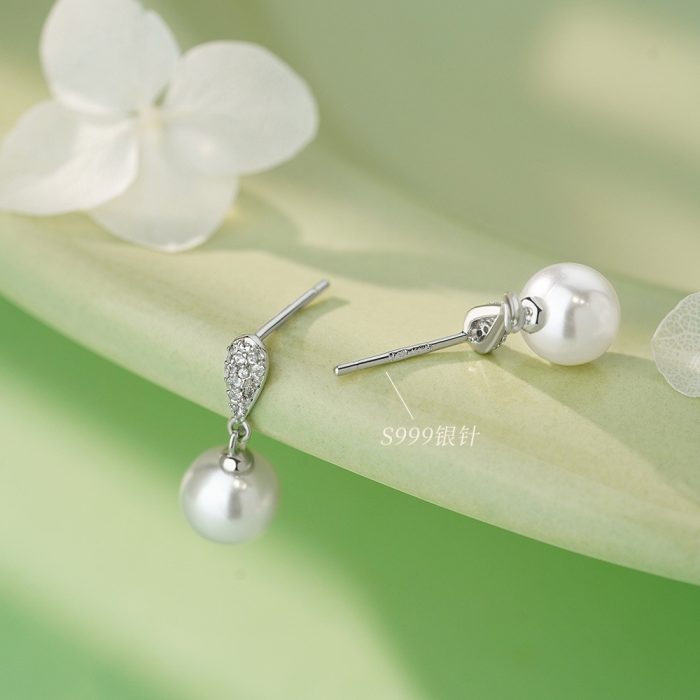 999 Fine Silver Needle Exquisite Elegant Pearl Stud Earrings - Image 3