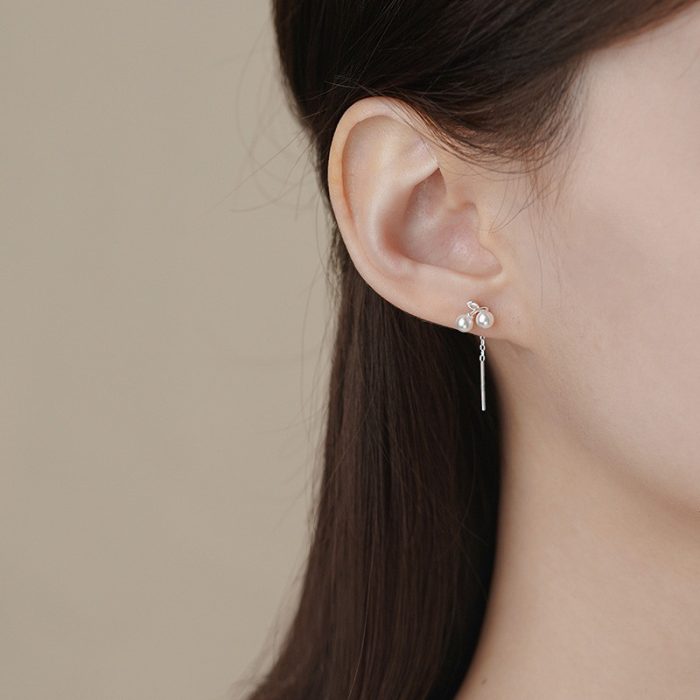999 Fine Silver Cherry Pearl Threader Earrings - Image 2