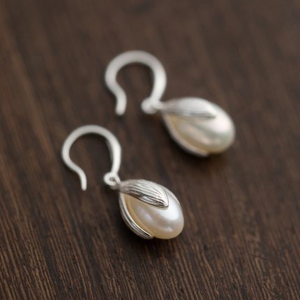 925 Sterling Silver Hoop Earrings Pearl Earrings Vintage Style - Image 5