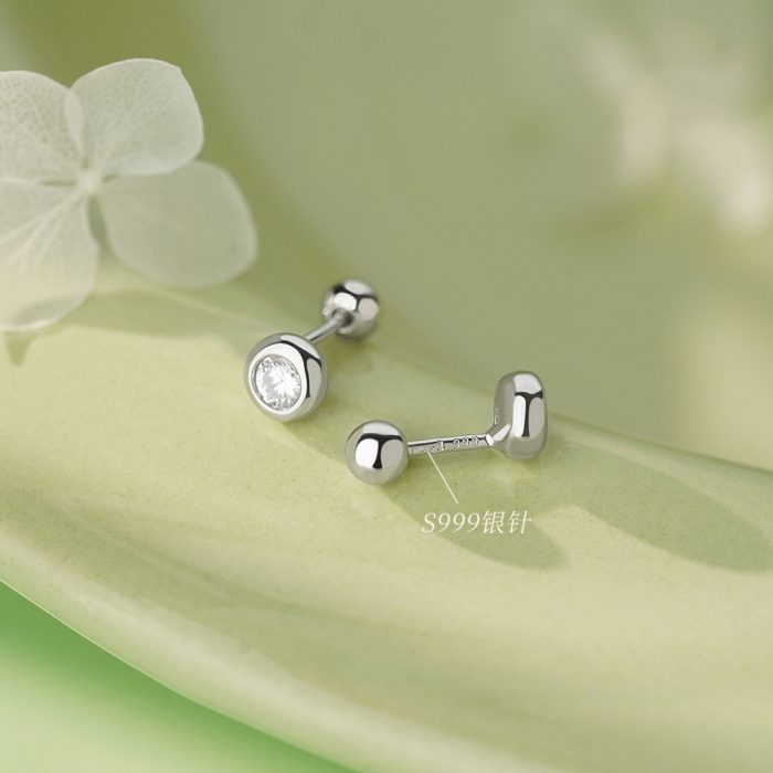 999 Fine Silver Needle Unique Minimalist CZ Screw Back Earrings - Image 2