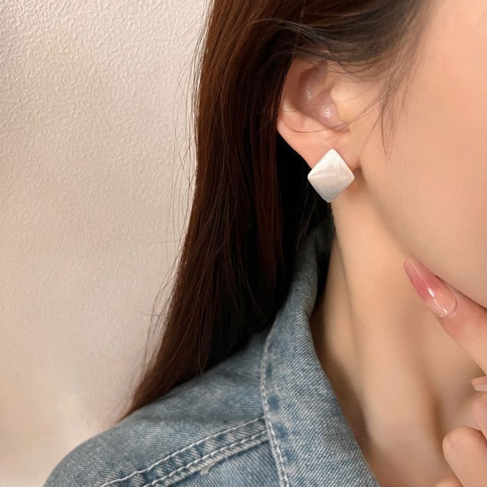 925 Sterling Silver Korean INS Style Square Brushed Hoop Earrings - Image 2