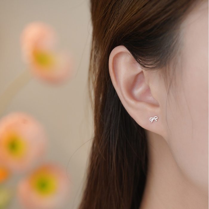 999 Fine Silver Princess Bow Straight Post Screw Back Earrings - Image 2