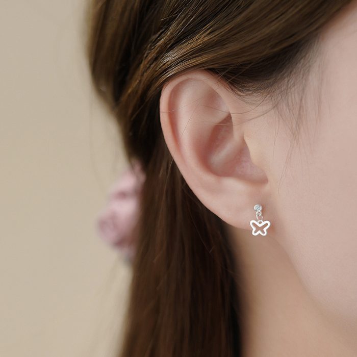 925 Sterling Silver Exquisite CZ Butterfly Small Tassel Hoop Earrings - Image 2