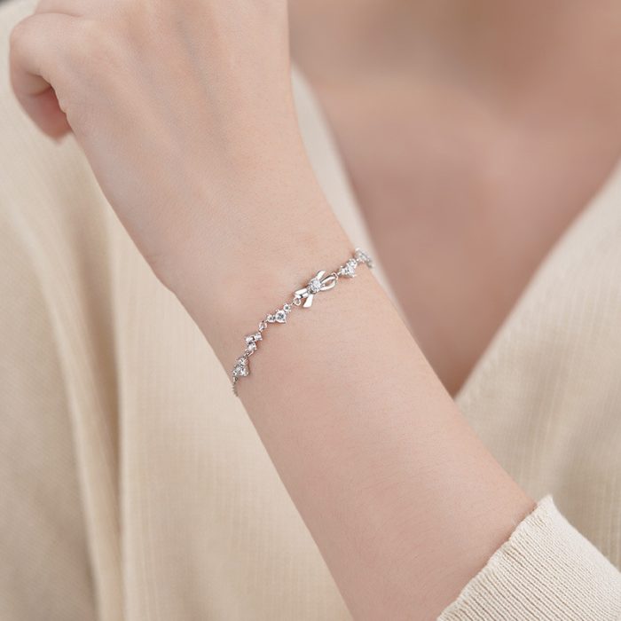 999 Fine Silver Bow CZ Heart Bracelet - Image 4