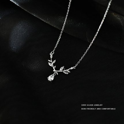 999 Fine Silver Light Luxury Elegant Laurel Goddess Leaf Teardrop Zircon Necklace - Image 3