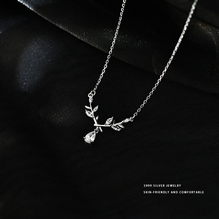 999 Fine Silver Light Luxury Elegant Laurel Goddess Leaf Teardrop Zircon Necklace - Image 3