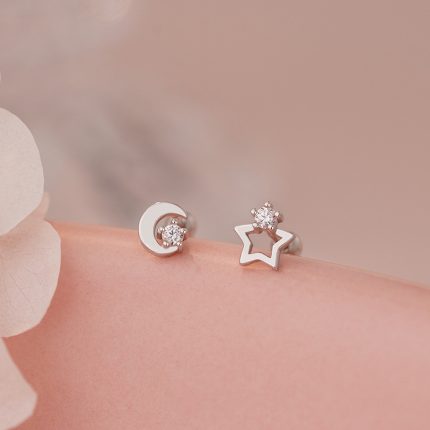 999 Fine Silver Asymmetric Star Moon Screw Back Earrings - Image 3