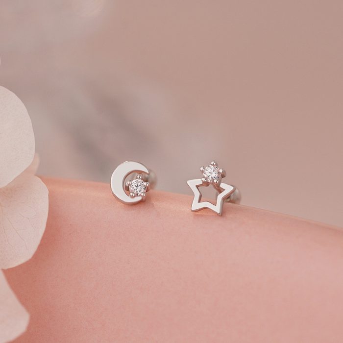 999 Fine Silver Asymmetric Star Moon Screw Back Earrings - Image 3