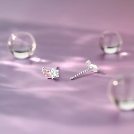 999 Fine Silver Pink Wing Star Wish Wing Star CZ Stud Earrings - Image 3