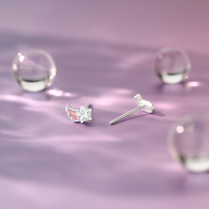999 Fine Silver Pink Wing Star Wish Wing Star CZ Stud Earrings - Image 3