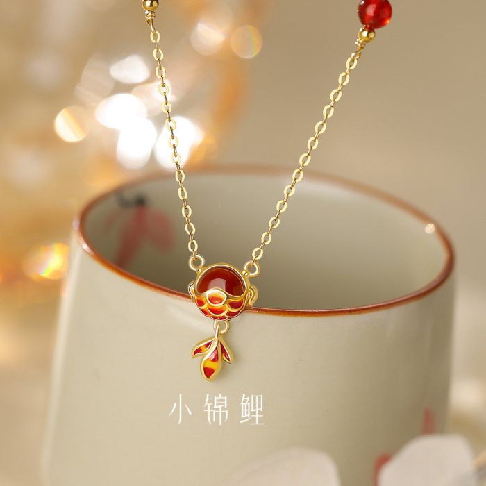 999 Fine Silver Little Koi Fish Red Agate Necklace - Image 3
