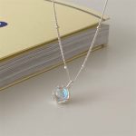 925 Sterling Silver Korean Jewelry Gorgeous 925 Silver AB Color Stone Round Pendant Necklace Moonstone