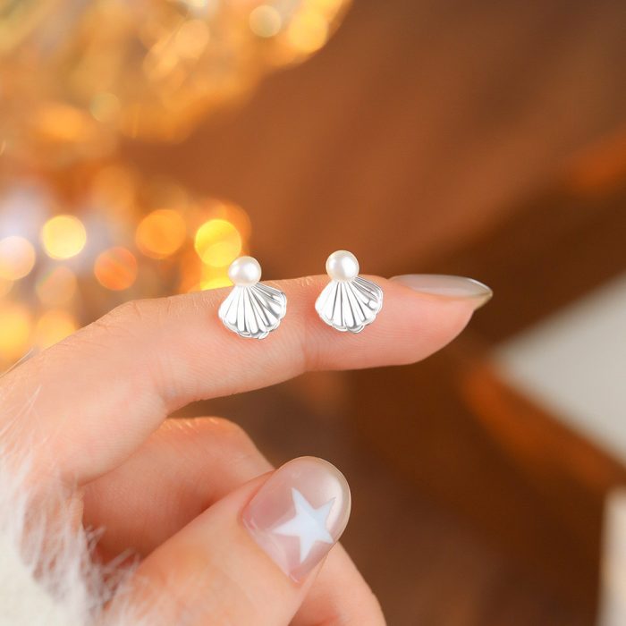 925 Sterling Silver Sweet Pearl Shell Stud Earrings - Image 4