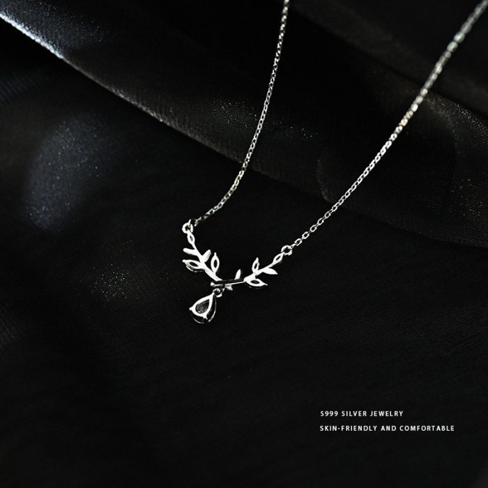 999 Fine Silver Light Luxury Elegant Laurel Goddess Leaf Teardrop Zircon Necklace - Image 4