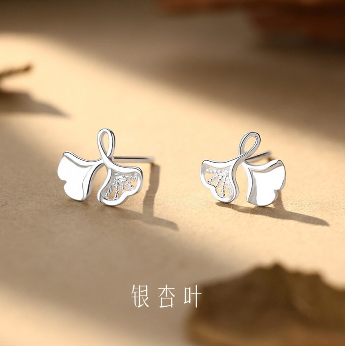 999 Fine Silver Elegant Forest Apricot Leaf Straight Post Stud Earrings - Image 2