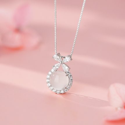 925 Sterling Silver Sweet Butterfly Circle White Agate Necklace - Image 5