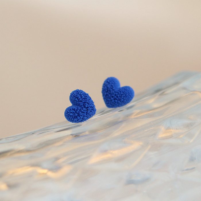 Vintage Unique Klein Blue Plush Heart Stud Earrings - Image 4