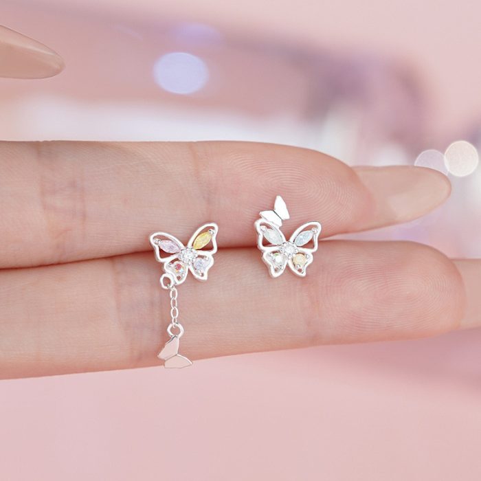 999 Fine Silver Butterfly Tassel Ice Flower zircon Stud Earrings - Image 5