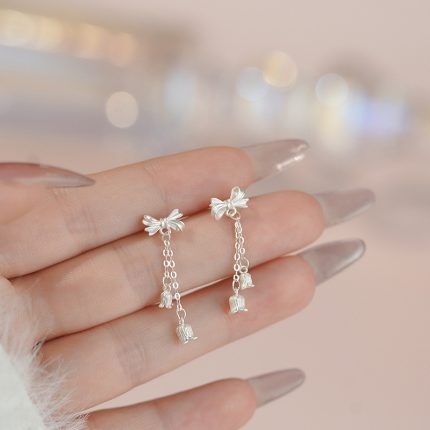 999 Fine Silver Bow Lily of the Valley Tassel Stud Earrings - Image 3