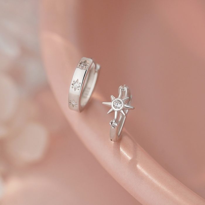 925 Sterling Silver Asymmetric Star Hoop Earrings - Image 6