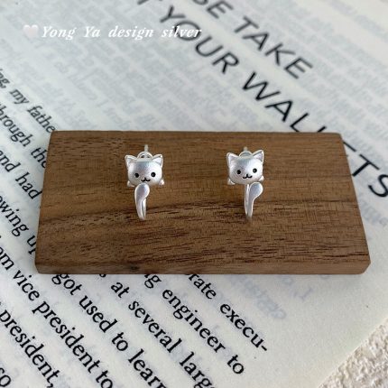 999 Fine Silver Korean Style Cat Enamel Back Hanging Earrings - Image 4