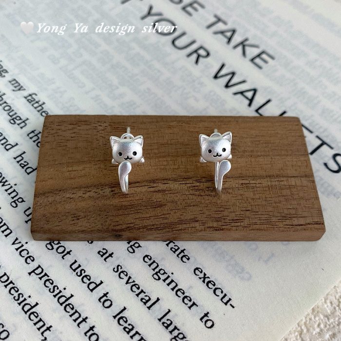 999 Fine Silver Korean Style Cat Enamel Back Hanging Earrings - Image 4