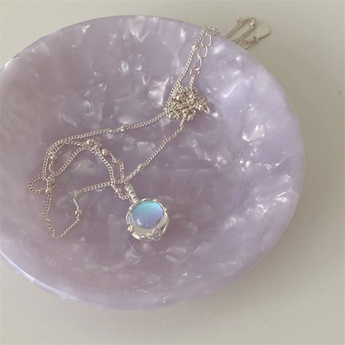 925 Sterling Silver Korean Jewelry Gorgeous 925 Silver AB Color Stone Round Pendant Necklace Moonstone - Image 5