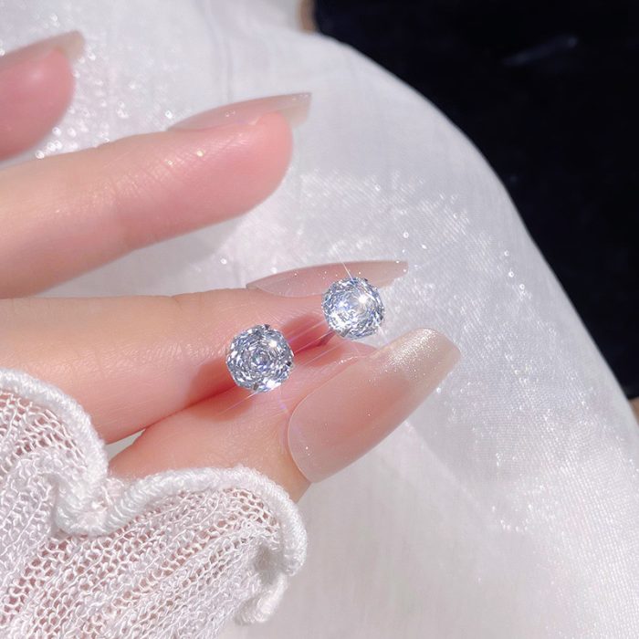 999 Fine Silver Rose Super Sparkling Cut CZ Stud Earrings - Image 4