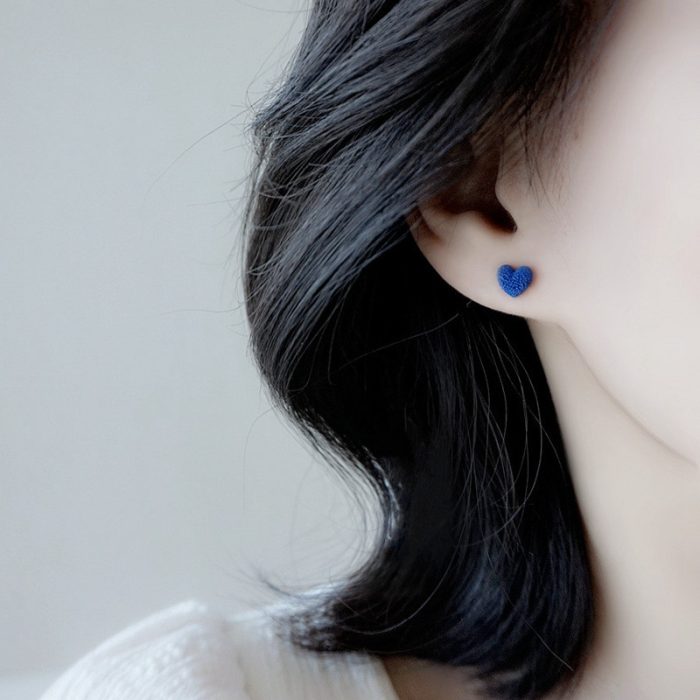 Vintage Unique Klein Blue Plush Heart Stud Earrings - Image 2