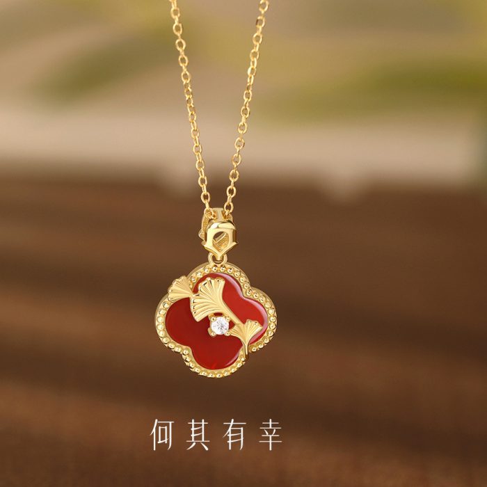 925 Sterling Silver New Chinese Style Red Agate Ginkgo Leaf Necklace - Image 3
