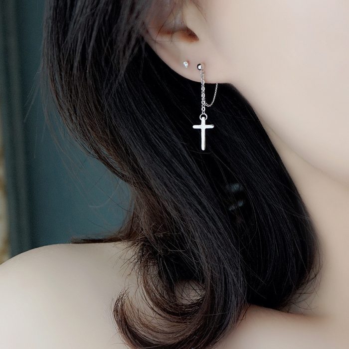 Full 925 Sterling Silver Cross Chain Tassel Hoop Earrings - Image 4