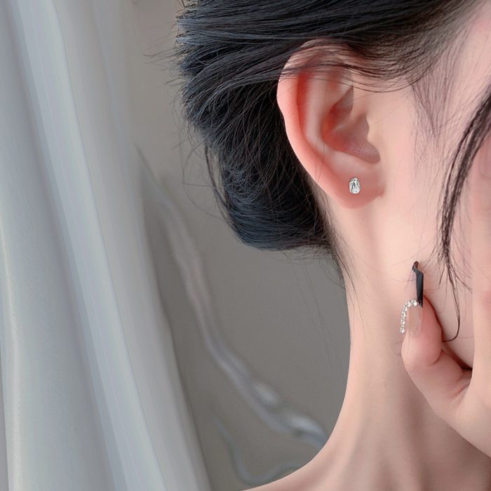 925 Sterling Silver Irregular Stone Lava Meteorite Stud Earrings - Image 4