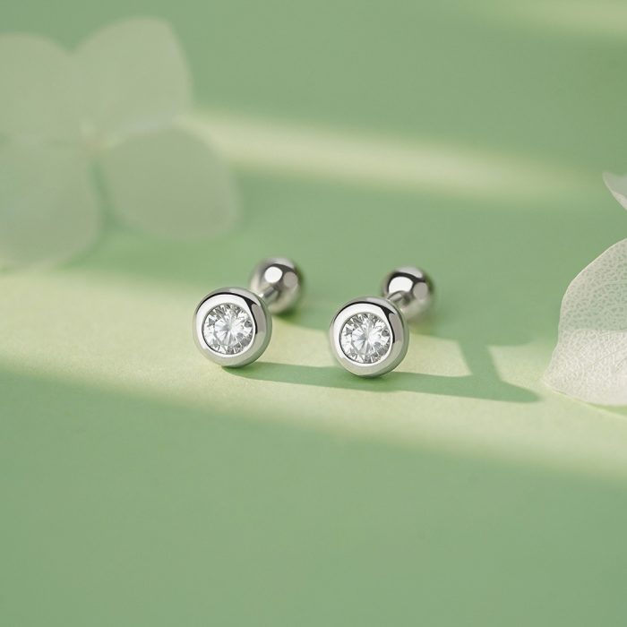999 Fine Silver Needle Unique Minimalist CZ Screw Back Earrings - Image 3